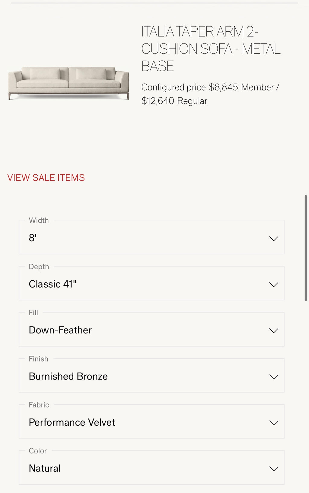 Restoration Hardware - 8’ Italia Taper Arm