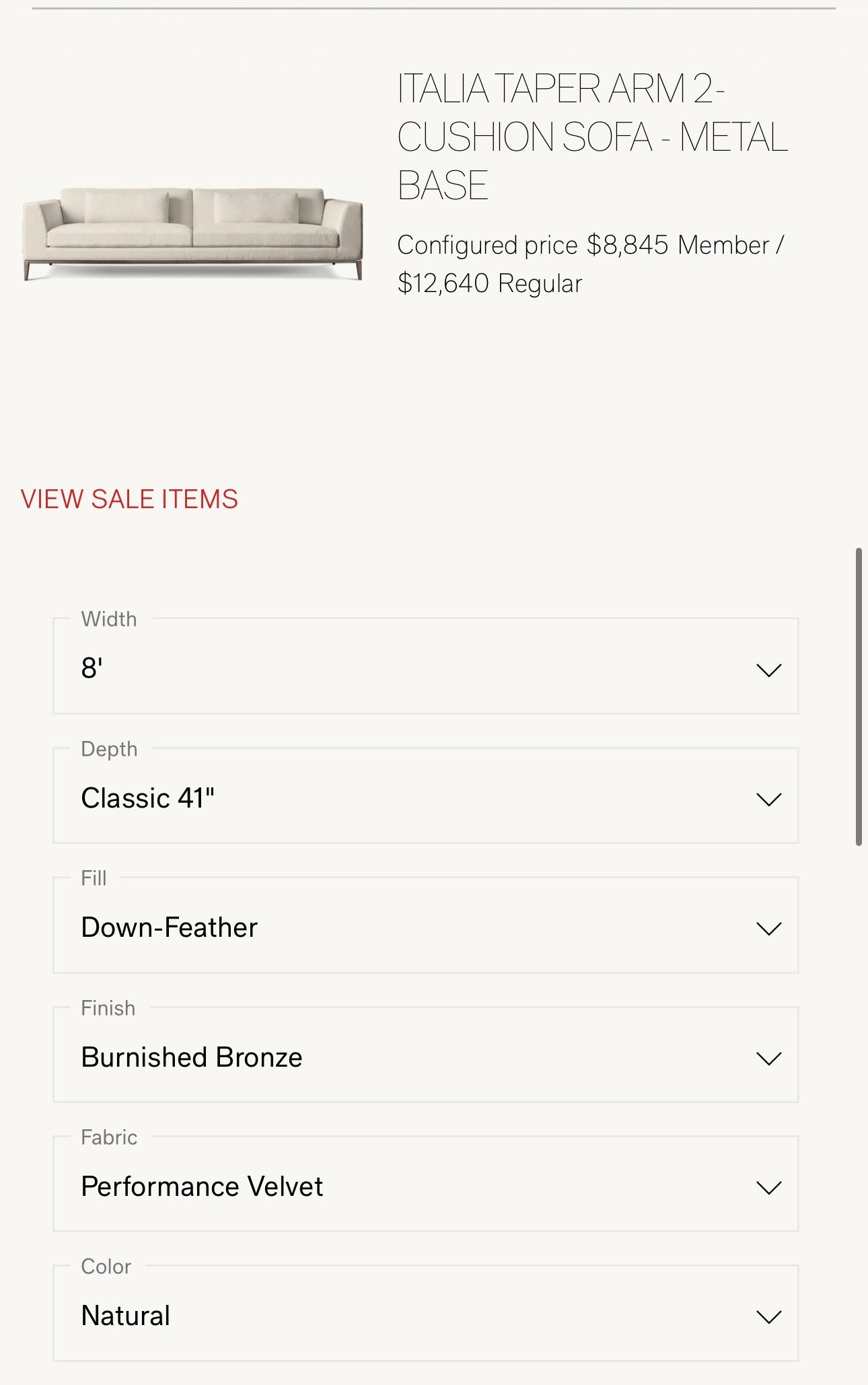 Restoration Hardware - 8’ Italia Taper Arm