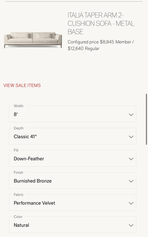 Restoration Hardware - 8’ Italia Taper Arm